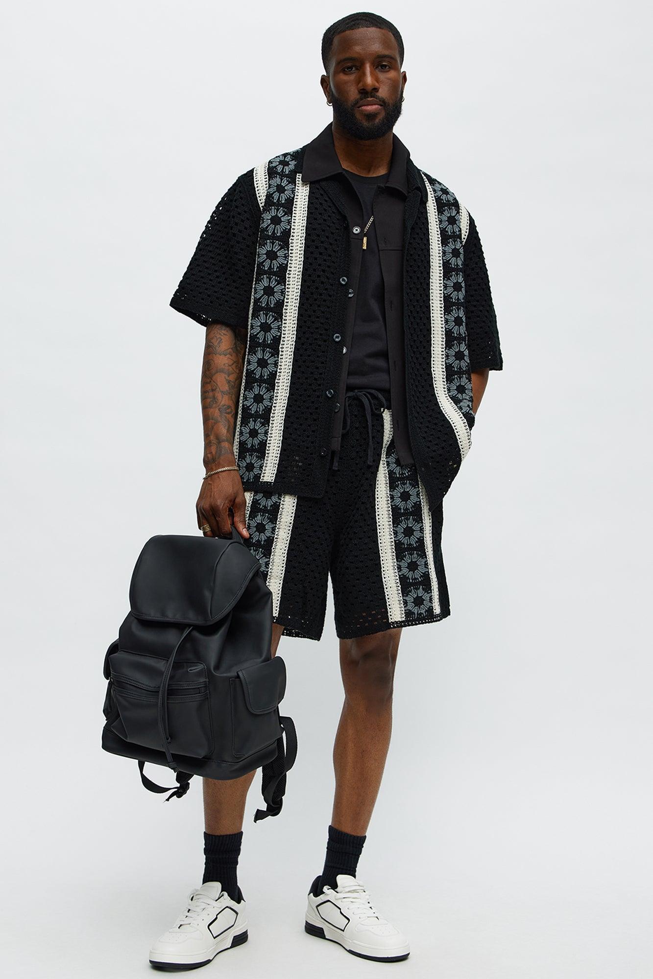 Crochet Panel Cuban Collar Button Up Shirt - Black/combo Product Image