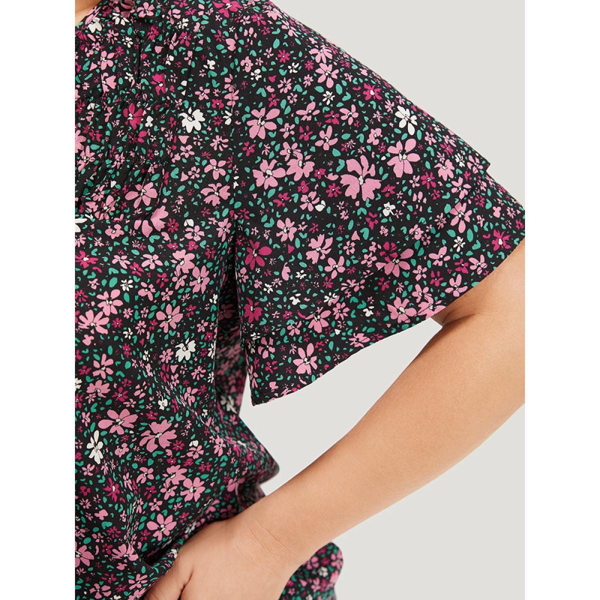 Plus Size BlackFlower Ditsy Floral Knot Neck Flutter Sleeve Layered Blouse Women Elegant Short sleeve Tie Neck Dailywear Blouses BloomChic 30/6X Product Image