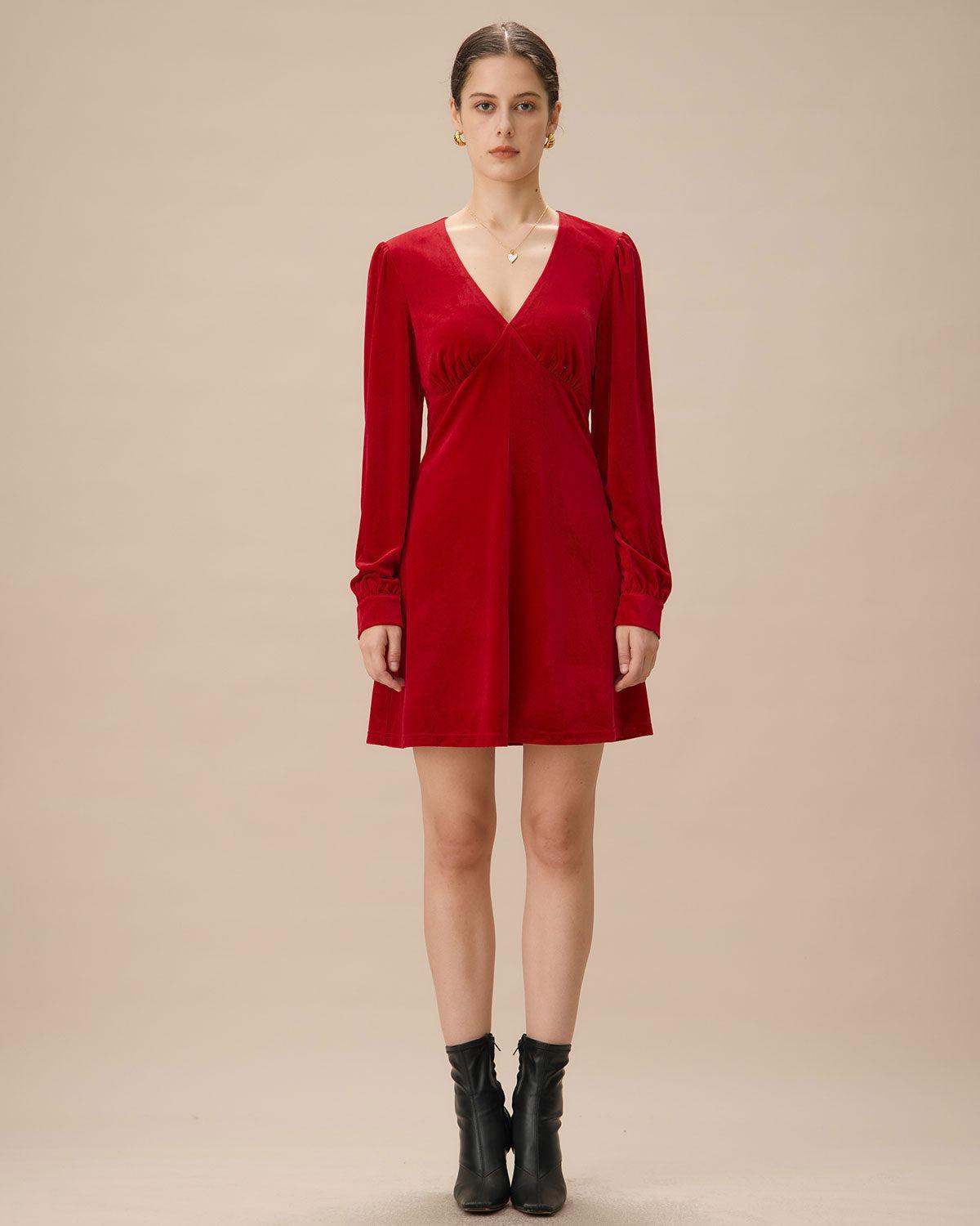 Red Velvet Puffed Sleeve A-Line Mini Dress Product Image