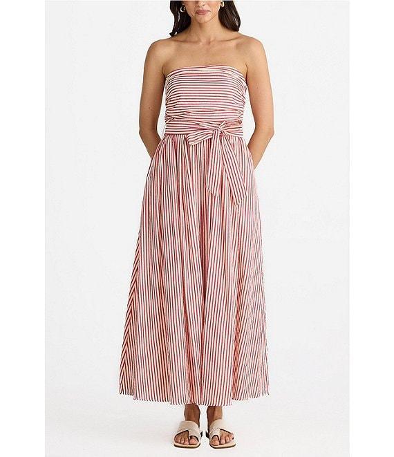 Brave + True Avalon Gathered Shirred Strapless Sleeveless Striped Seersucker Belted Maxi Dress Product Image
