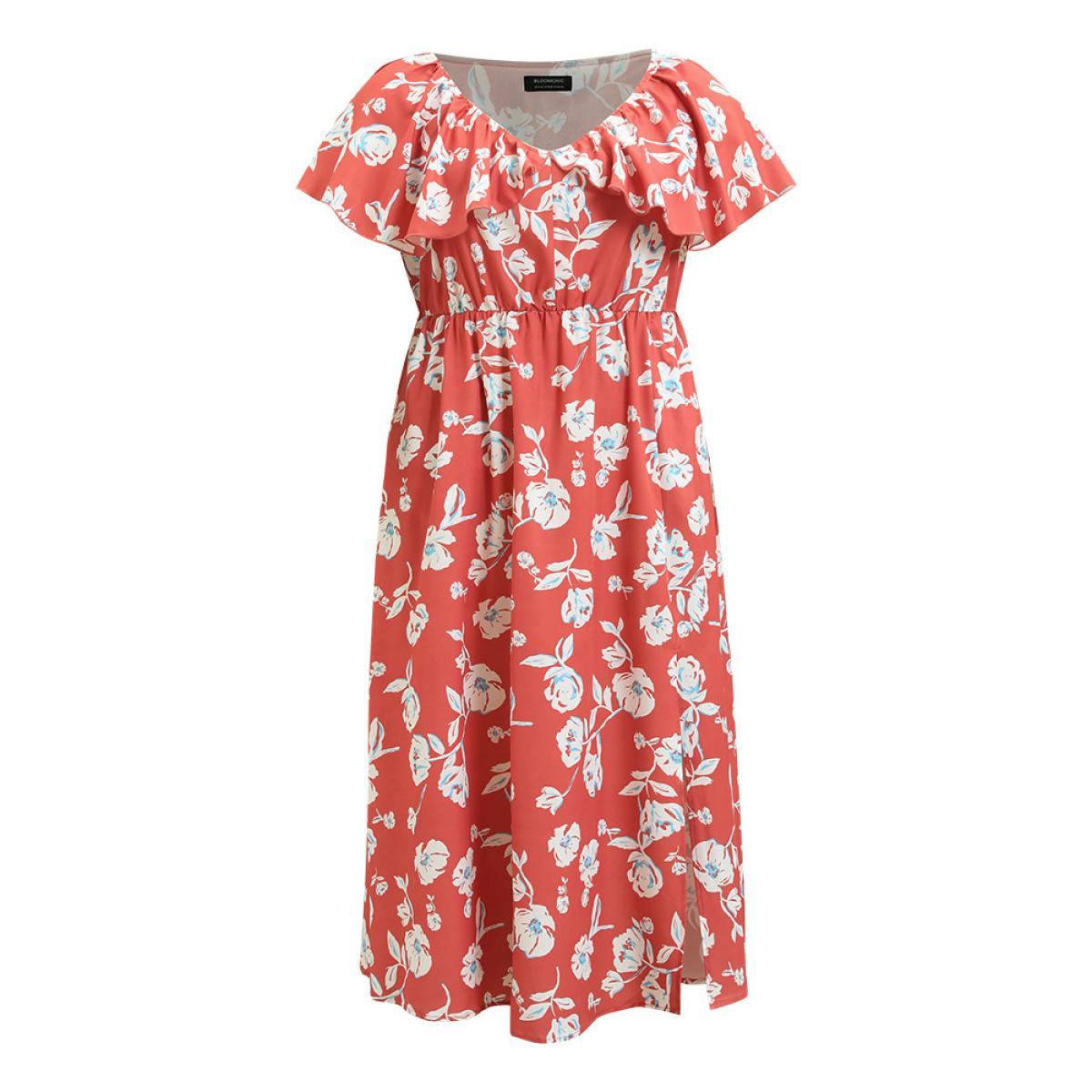 Plus Size Floral Printed Ruffle Trim Pocket V Neck Split Hem Dress Coral Women Elegant Elastic Waist V-neck Sleeveless Curvy Midi Dress BloomChic 10/M Product Image