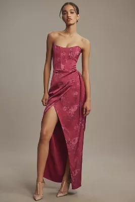 V. Chapman June Printed Corset Front-Slit Satin Gown Product Image