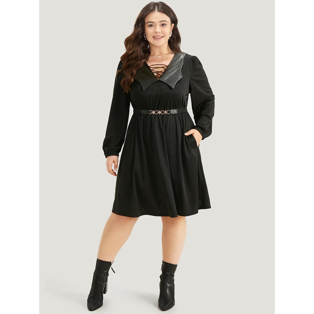 Plus Size Halloween Plain PU Crisscross Patchwork Pocket Dress Black Women Elegant Elastic cuffs V-neck Long Sleeve Curvy Knee Dress BloomChic 22-24/3X Product Image