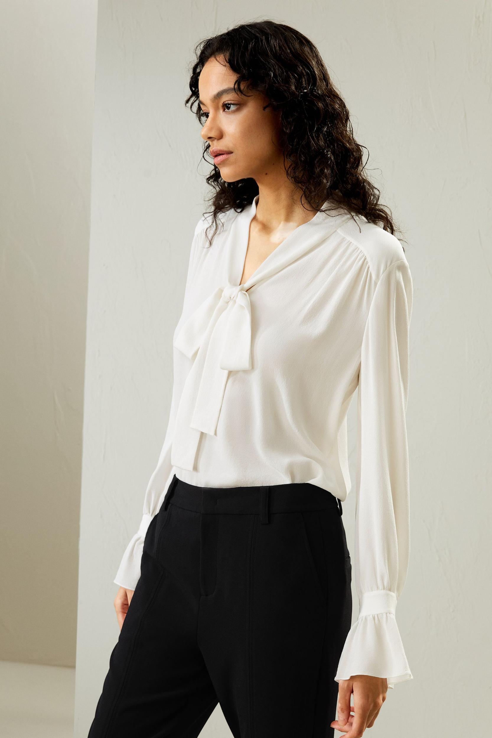Silk V-neck Ribbon Blouse Product Image
