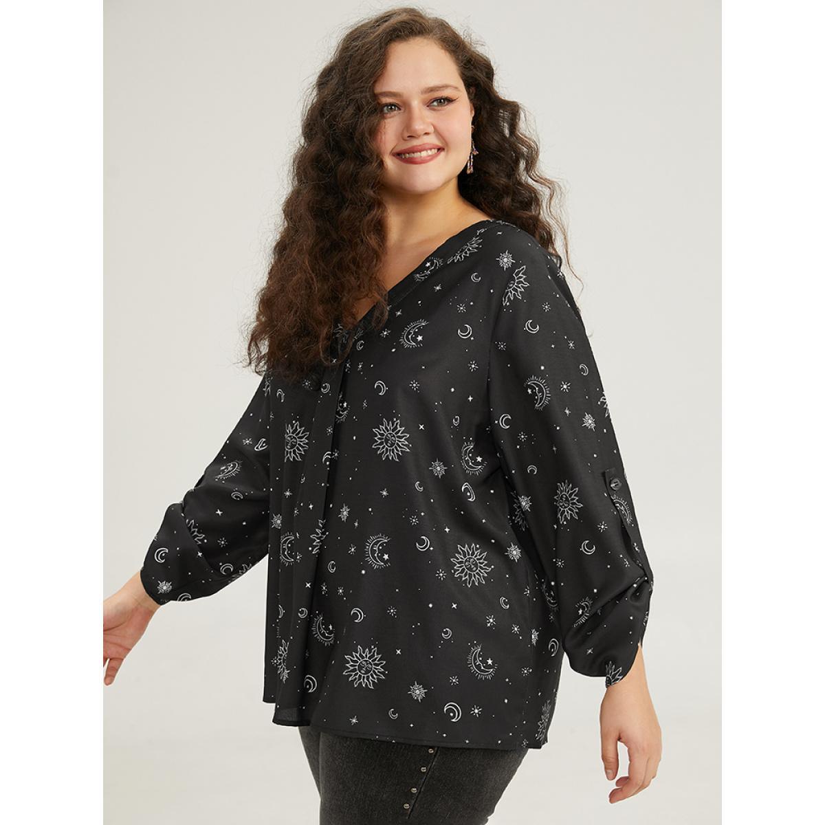 Plus Size Black Halloween Moon & Star Print Pleated Tab Sleeve Blouse Women Elegant Elbow-length sleeve V-neck Festival-Halloween Blouses BloomChic 26/4X Product Image