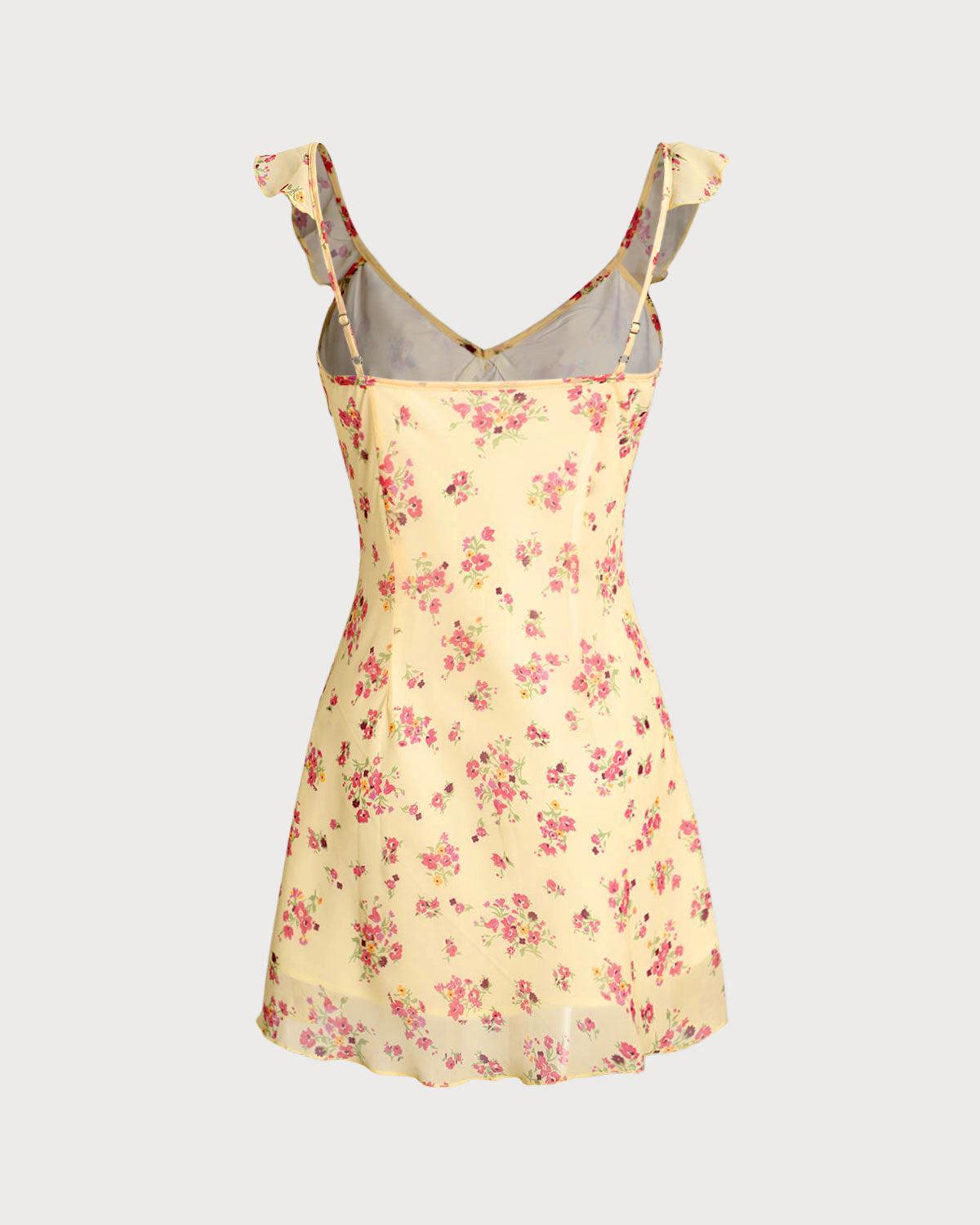 Yellow Floral Ruffle Sleeveless Mini Dress Product Image