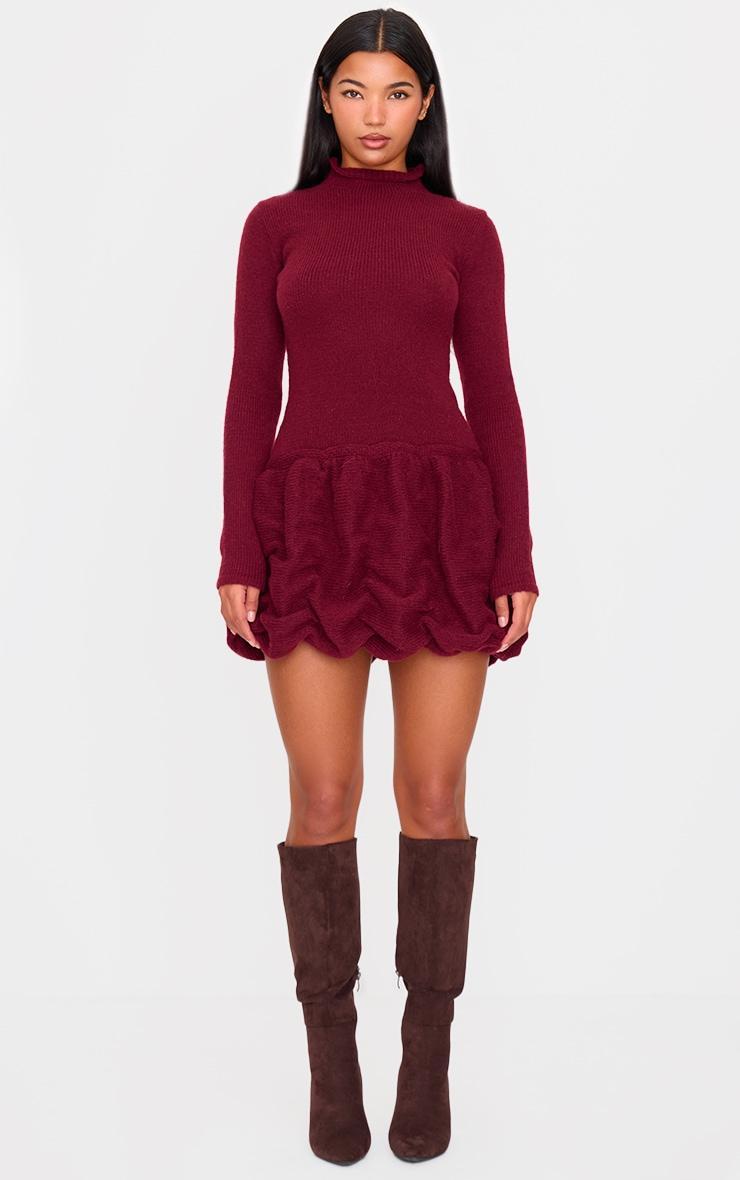 Burgundy High Neck Knitted Puffball Mini Dress Product Image