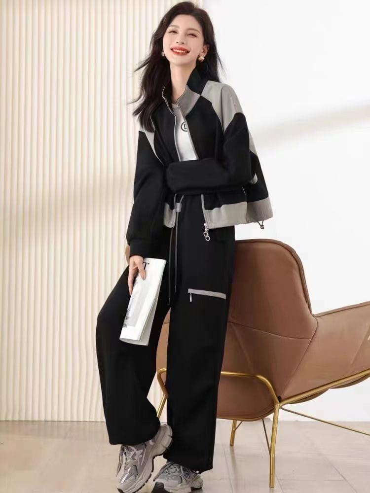 Set: Two Tone Zip-Up Jacket + High Rise Wide Leg Pants Product Image