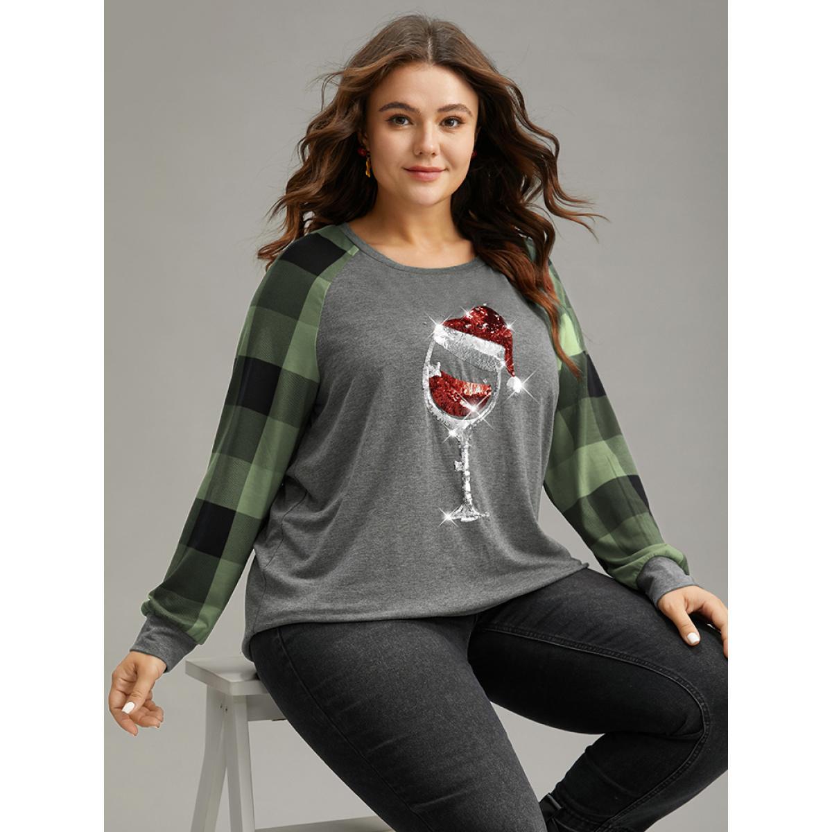 Plus Size Christmas Sequin Plaid Patchwork T-shirt Green Women Casual Sequin Christmas Festival-Christmas T-shirts BloomChic 22-24/3X Product Image