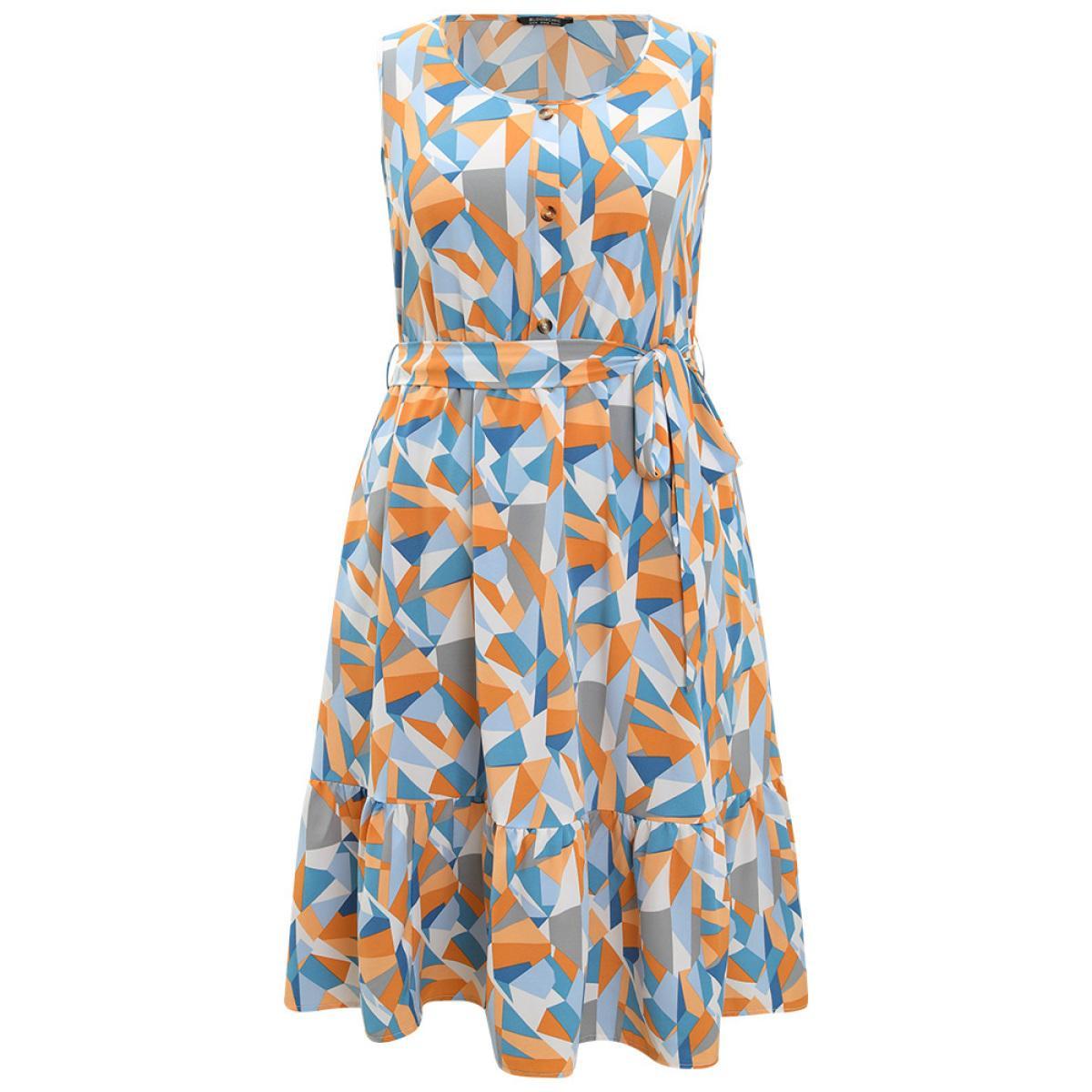 Plus Size Geometric Belt Ruffle Hem Pocket Button Detail Tank Dress Multicolor Women Elegant Contrast Round Neck Sleeveless Curvy Knee Dress BloomChic 18-20/2X Product Image