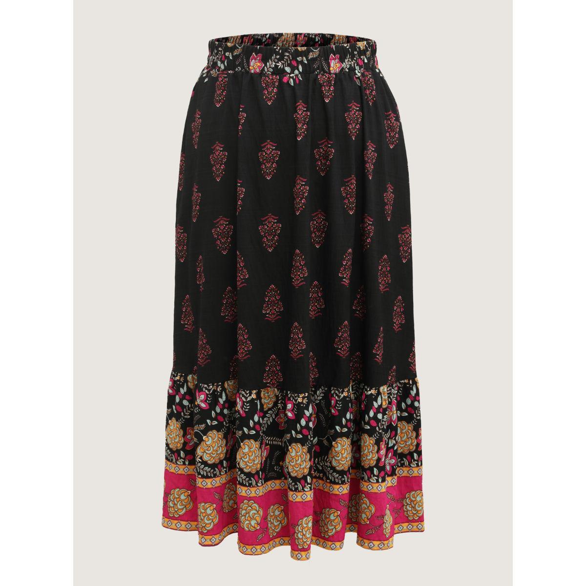 Plus Size Boho Floral Waist Stretchy Midi Skirt Women DarkGray Resort Bodycon Low stretch Side seam pocket Vacation Skirts BloomChic 28/5X Product Image