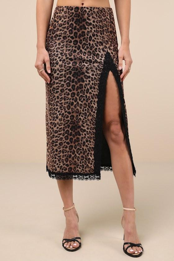 Fierce Attitude Tan Leopard Print Mesh Lace High-Rise Midi Skirt Product Image