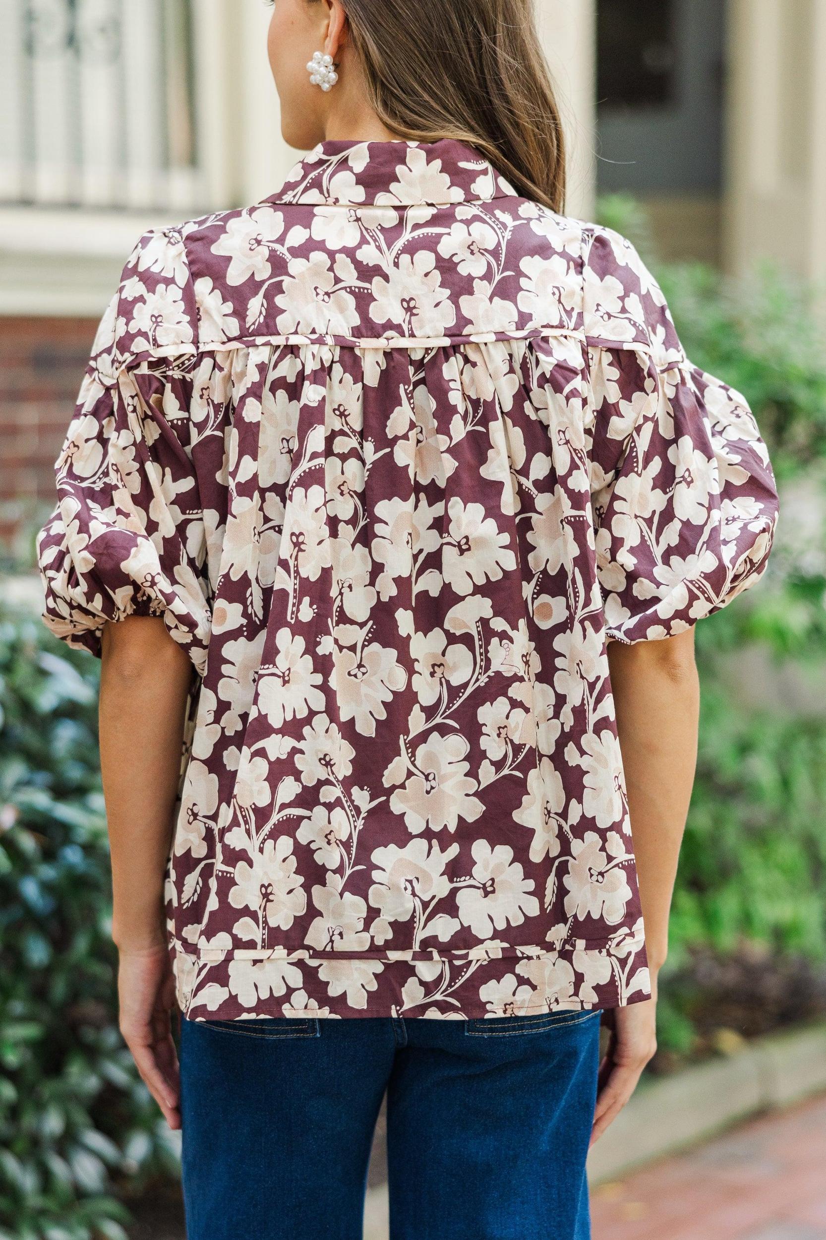 Better Than You Know Burgundy Floral Puff Sleeve Blouse Female Product Image