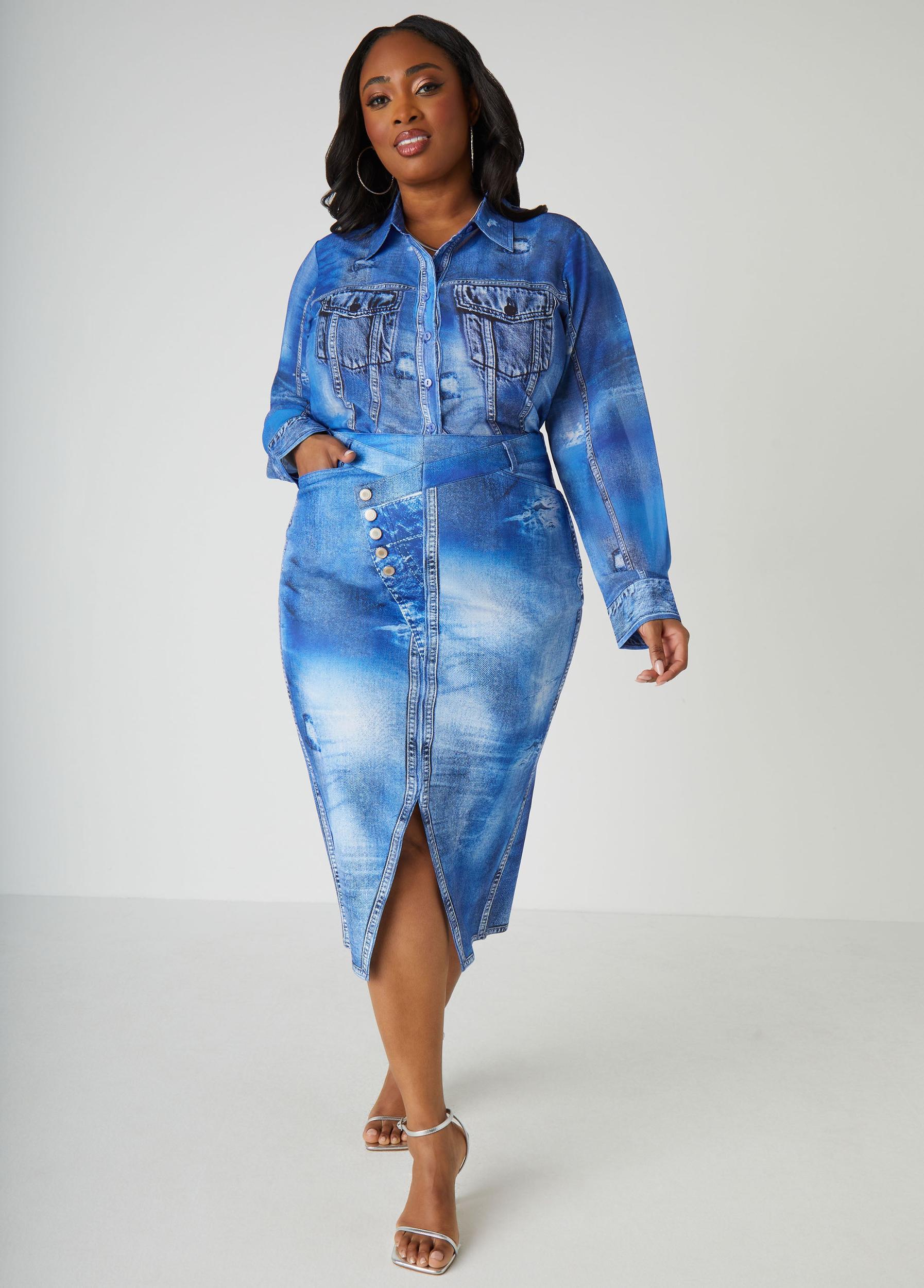 Front Split Denim Print Skirt Product Image