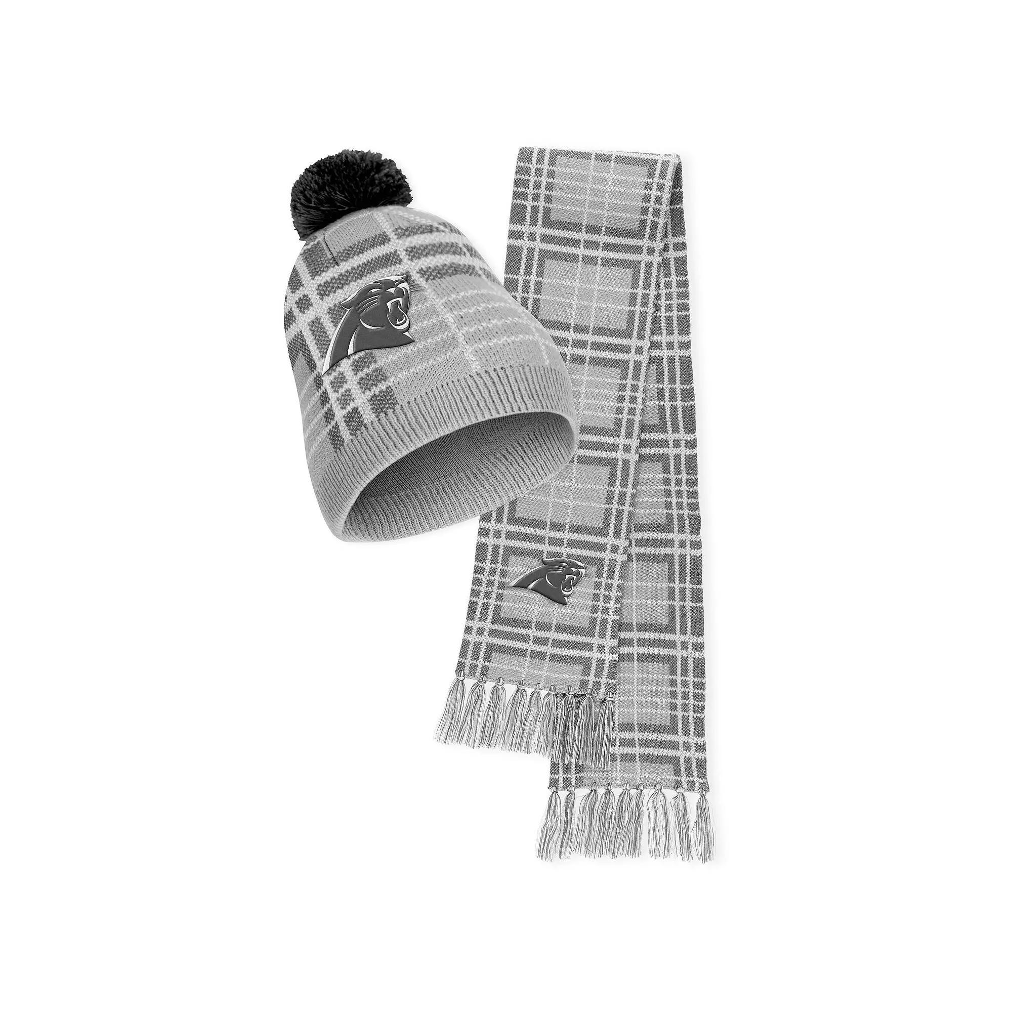 Womens WEAR by Erin Andrews Carolina Panthers Plaid Knit Hat with Pom & Scarf Set Product Image