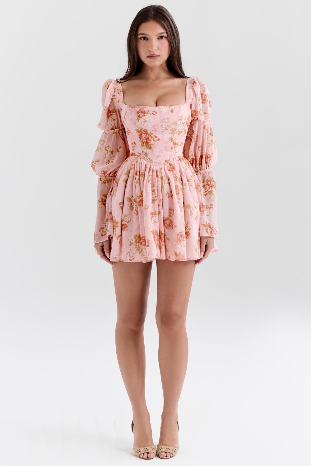 Sancia English Vintage Rose Print Puff Sleeve Mini Dress Product Image
