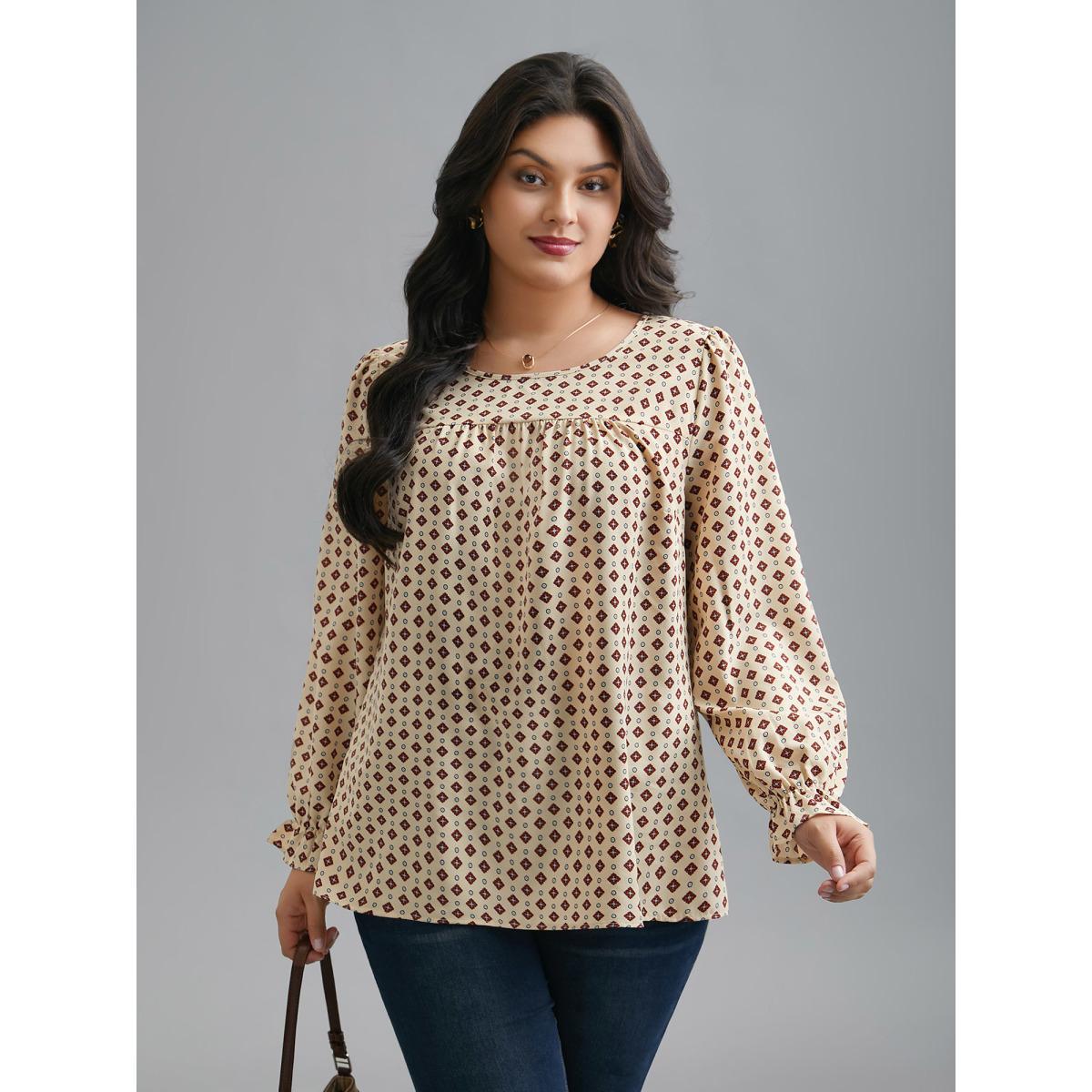 Plus Size Apricot Round Neck Geometric Print Pleated Blouse Women At the Office Long Sleeve Round Neck Work Blouses BloomChic 14-16/1X Product Image