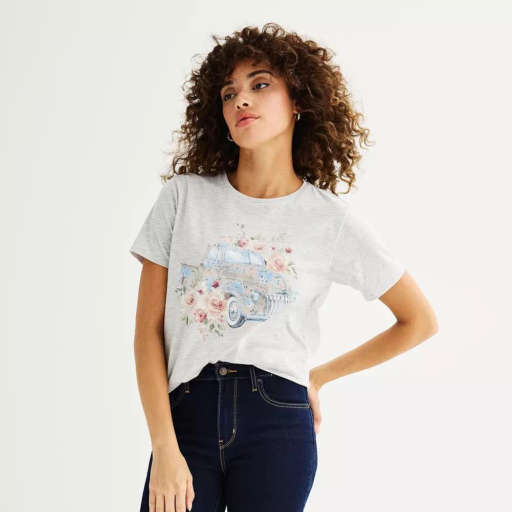 Women's Floral Ditsy Truck Short Sleeve Graphic Tee, Size: Small, Oatmeal Grey Product Image