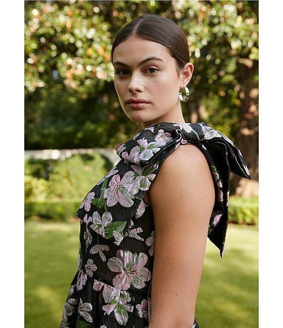 Abbey Glass Caroline Organza Floral Jacquard Asymmetrical Neck Sleeveless Bow One Shoulder Bow Pocketed A-Line Gown Product Image