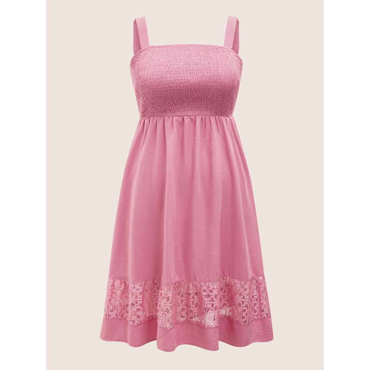 Plus Size Solid Shirred Pocket Contrast Lace Cami Dress Pink Women Elegant Non Non Sleeveless Curvy Midi Dress BloomChic 26/4X Product Image