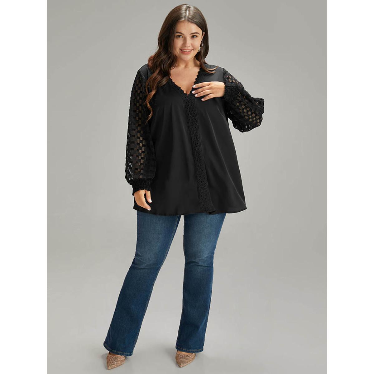 Plus Size Black Lace Panel V Neck Shirred Mesh Blouse Women Glamour Long Sleeve V-neck Going out Blouses BloomChic 14-16/1X Product Image