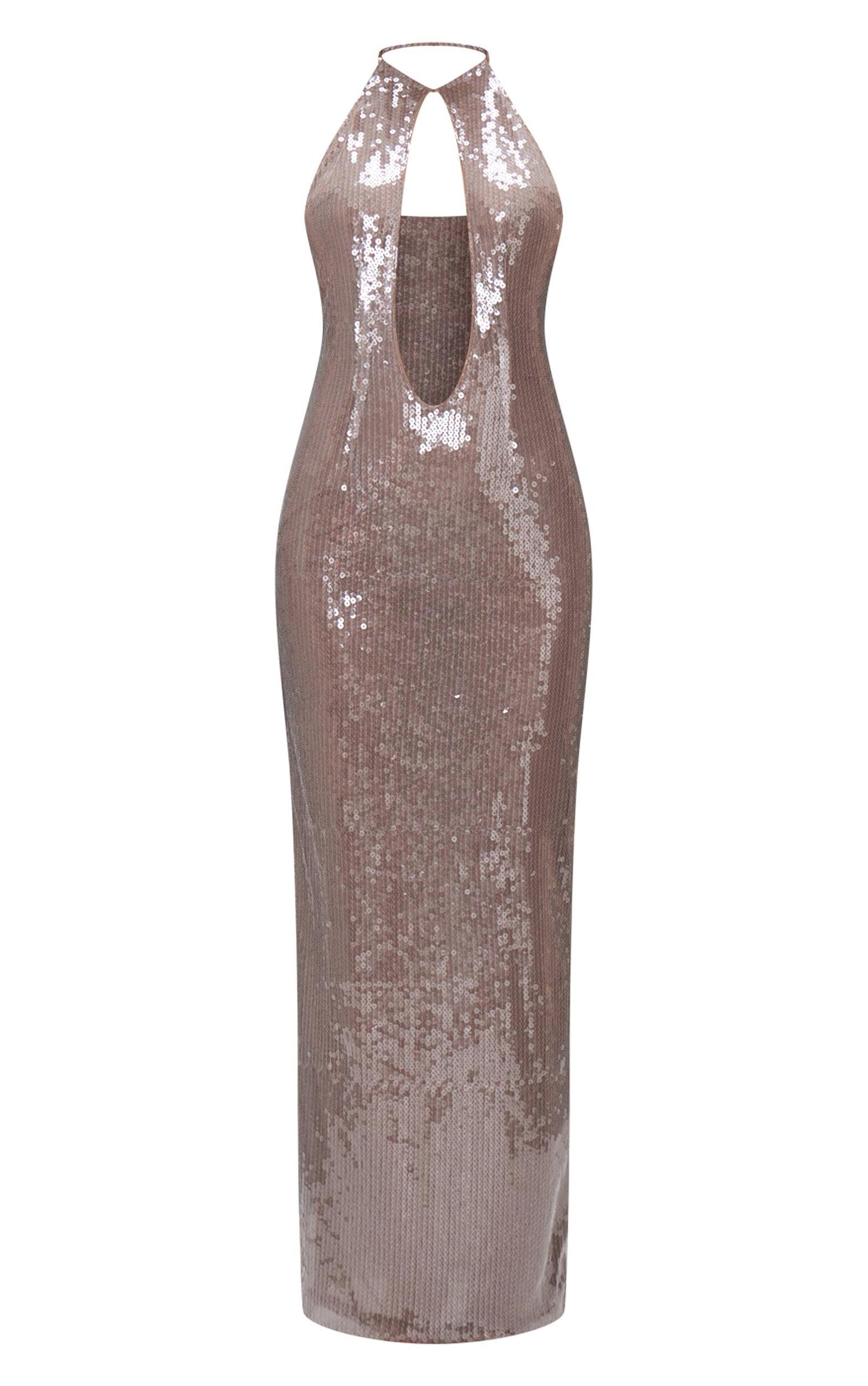 Light Nude Sequin High Neck Plunge Maxi Dress Product Image