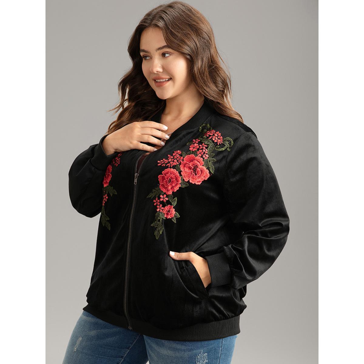 Plus Size Velvet Floral Embroidered Zipper Pocket Bomber Jacket Women Black Contrast Pocket Dailywear Jackets BloomChic 26/4X Product Image