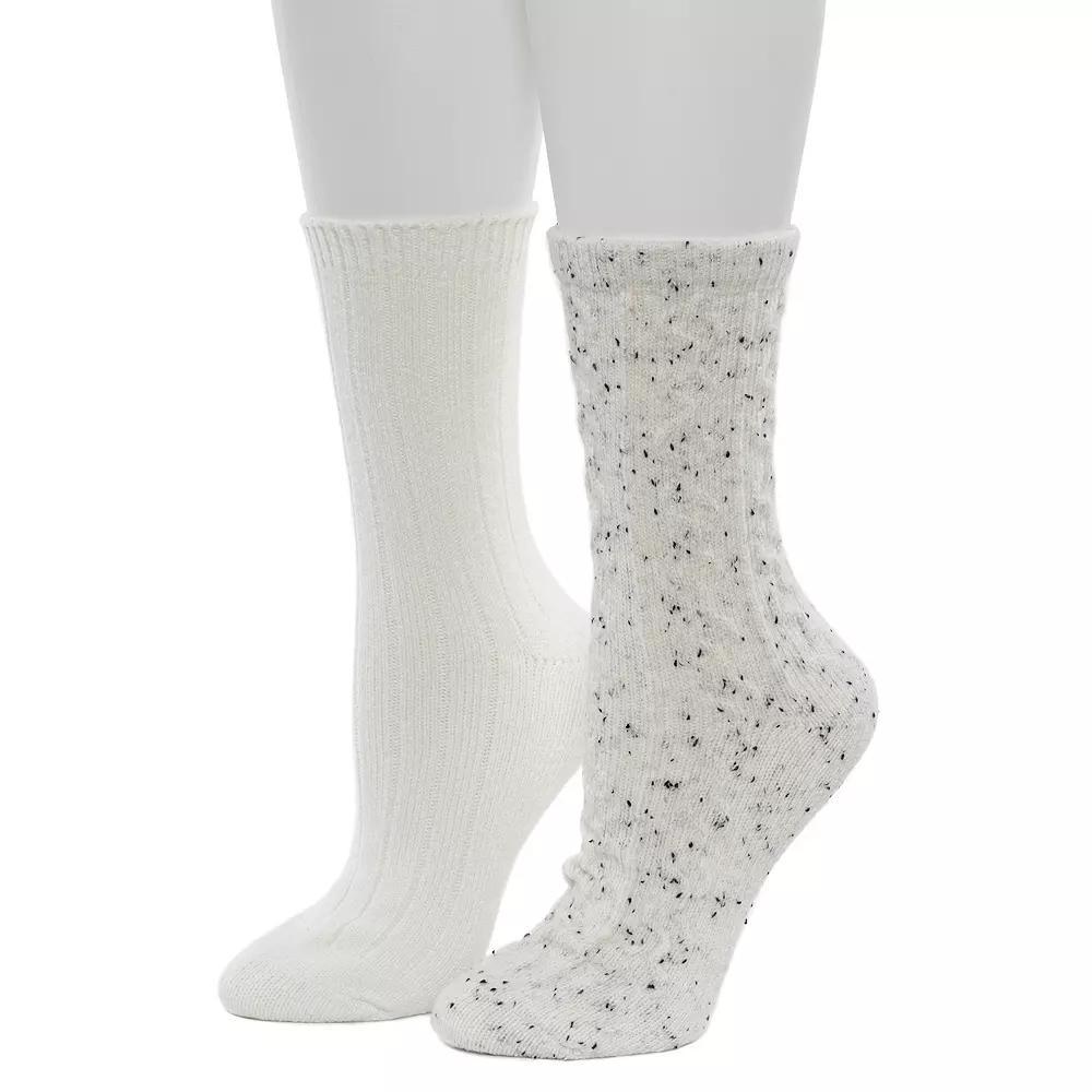 Women's Cuddl Duds® 2-Pack Plushfill Flecked Pucker Chain Cable Crew Socks, Size: 9-11, Egret Product Image