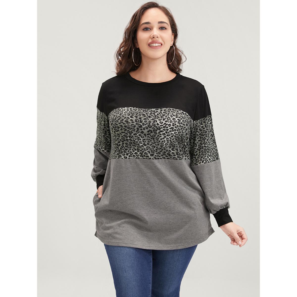 Plus Size Leopard Contrast Drop Shoulder Sweatshirt Women DimGray Casual Patchwork Round Neck Dailywear Sweatshirts BloomChic 30/6X Product Image