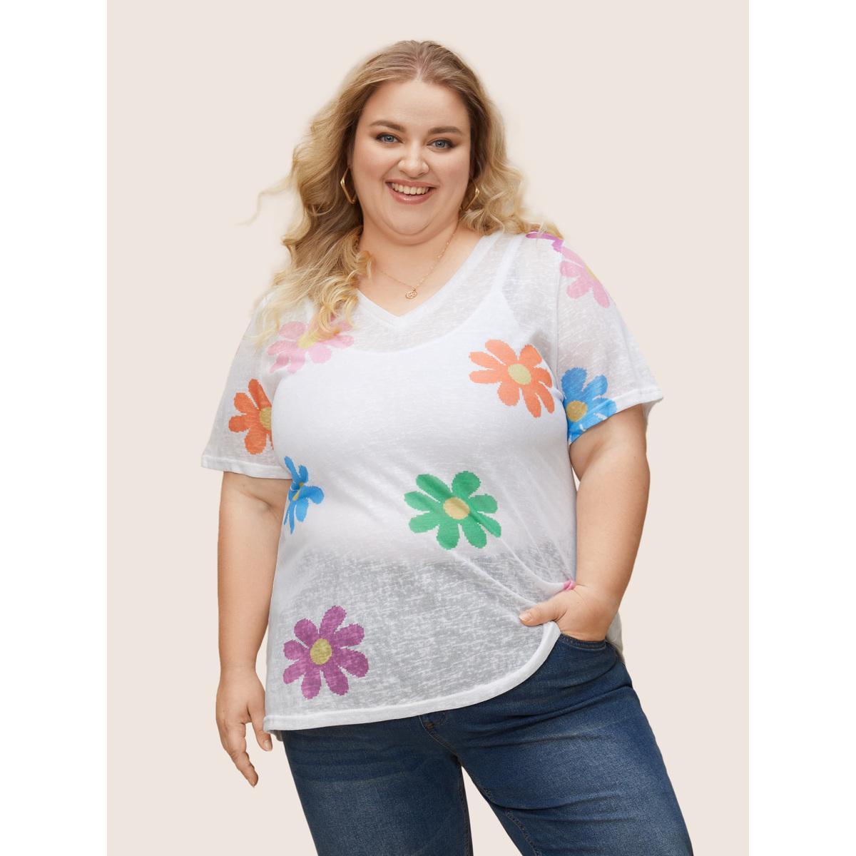 Plus Size Colored Floral V Neck See Through T-Shirt WhiteSmoke Women Casual See through Art&design V-neck Everyday T-shirts BloomChic 10/M Product Image