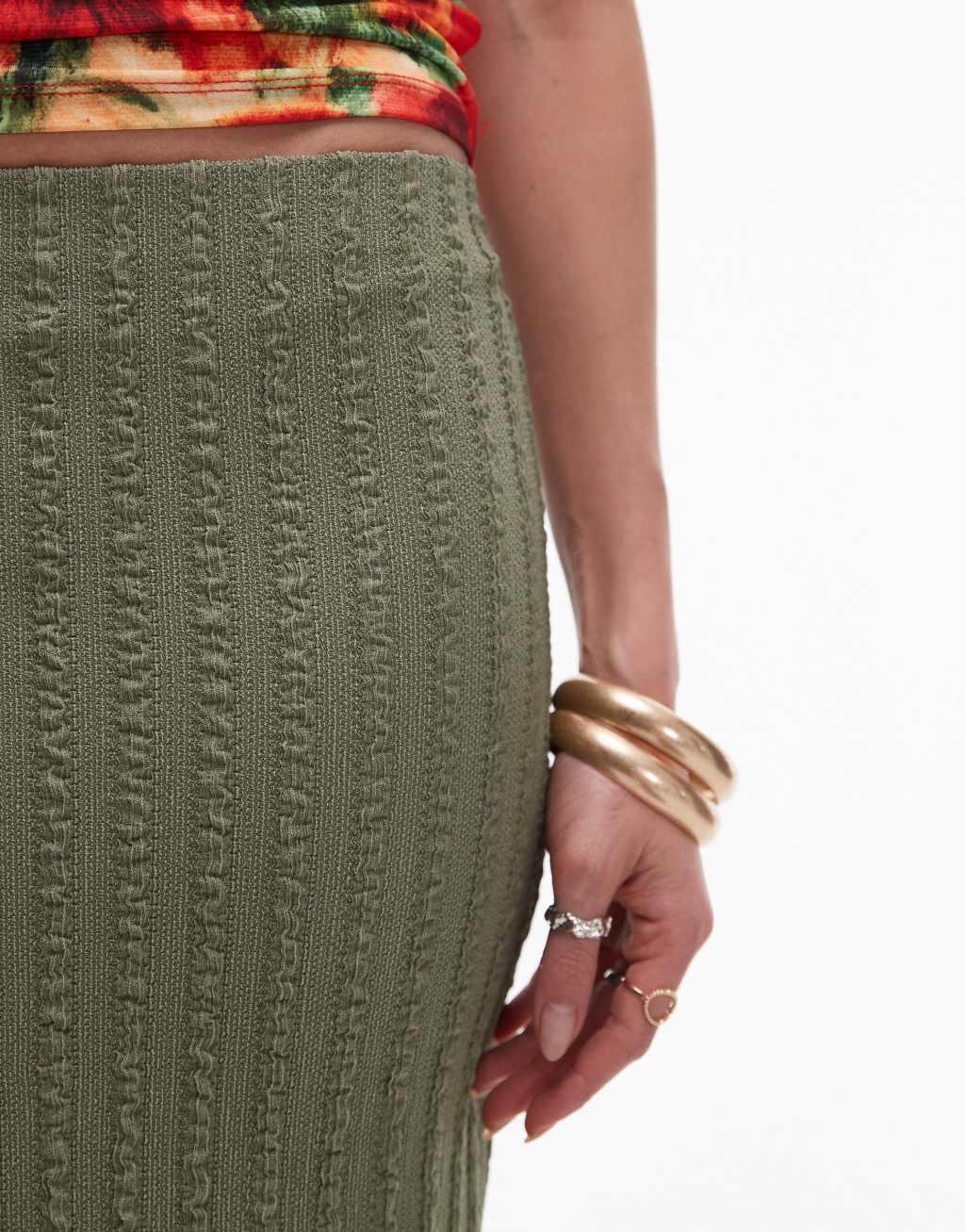 Topshop wiggle textured column maxi skirt in khaki  Product Image