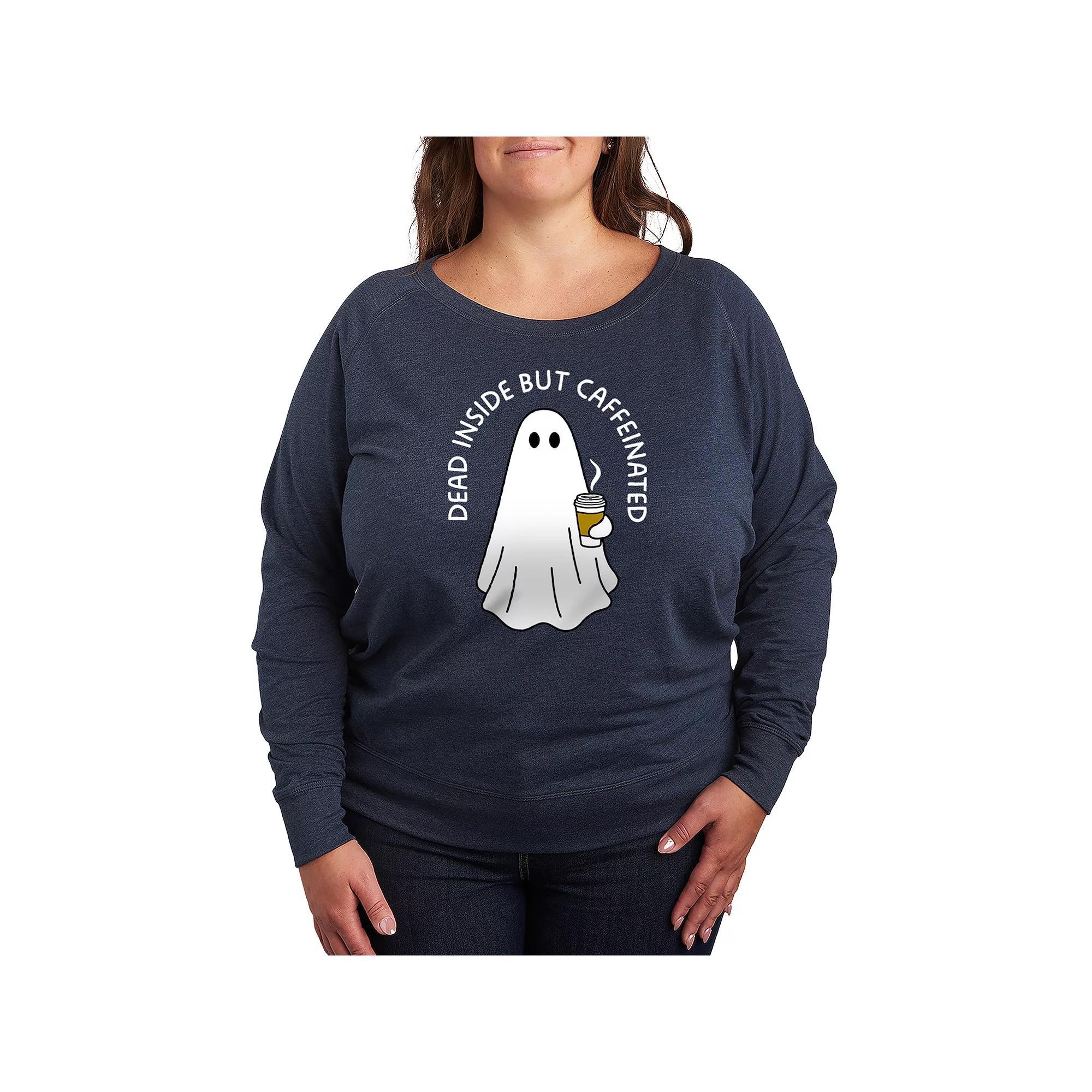 Plus Size Dead Inside Caffeinated Ghost French Terry Long Sleeve Tee, Womens Grey Dark Red Product Image