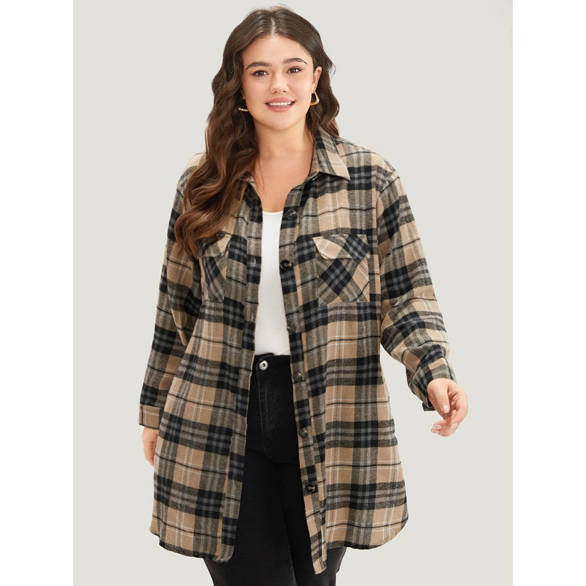 Plus Size Plaid Flap Pocket Curved Hem Coat Women Tan Contrast Pocket Dailywear Jackets BloomChic 22-24/3X Product Image