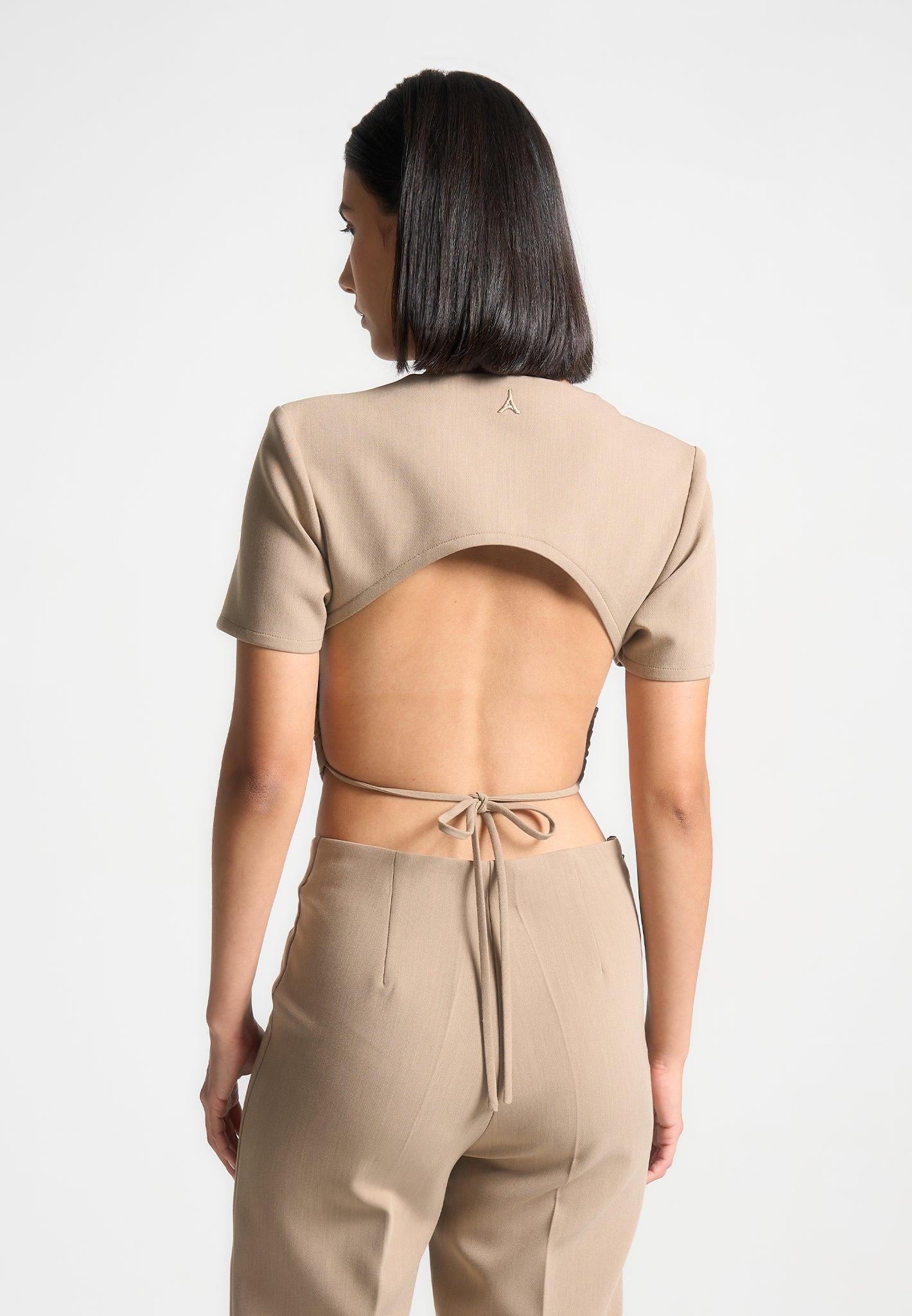 Curved Hem Backless Top with Tie - Dark Beige Female Product Image