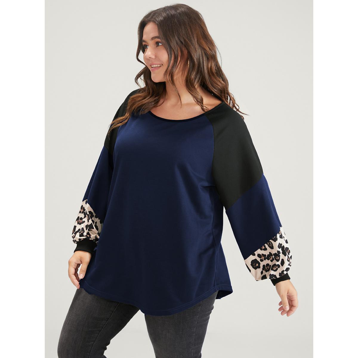 Plus Size Leopard Colorblock Contrast Round Neck Sweatshirt Women DarkBlue Casual Patchwork Round Neck Dailywear Sweatshirts BloomChic 12/L Product Image