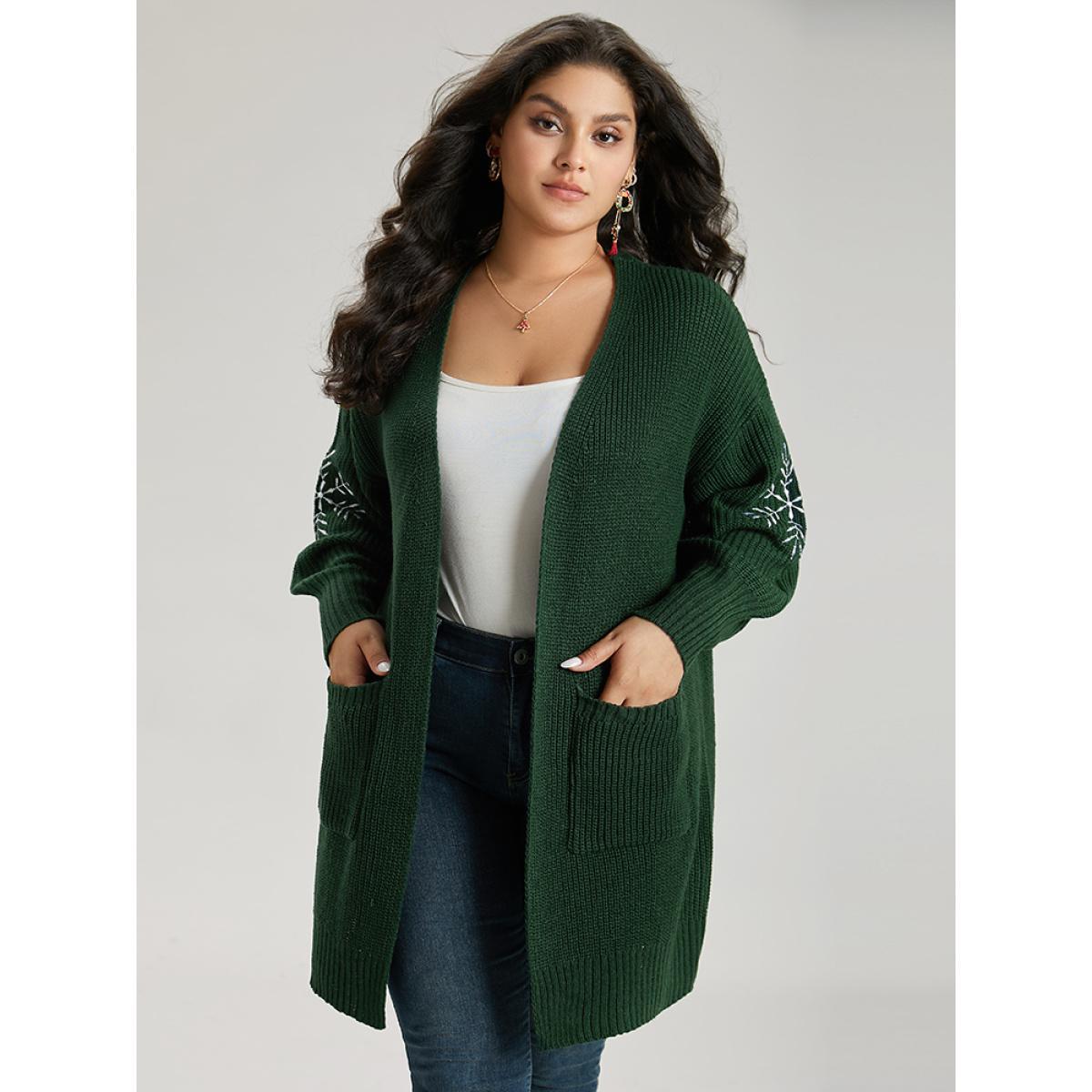 Plus Size Snowflake Embroidered Patched Pocket Cardigan DarkGreen Women Casual Loose Long Sleeve Festival-Christmas Cardigans BloomChic 10/M Product Image