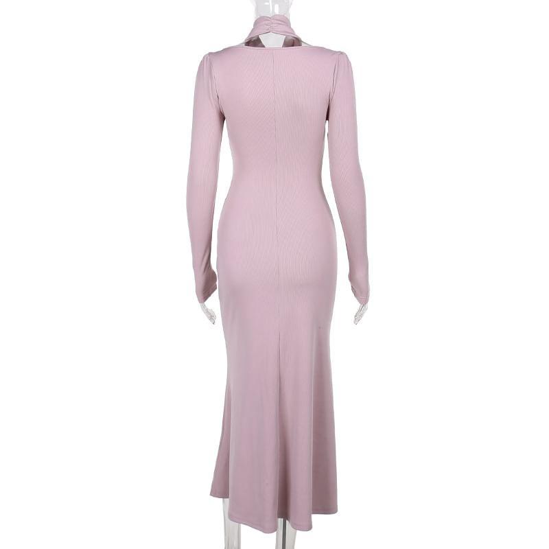 Long Sleeve Halter Plain Beaded Ruched Maxi Sheath Dress Product Image