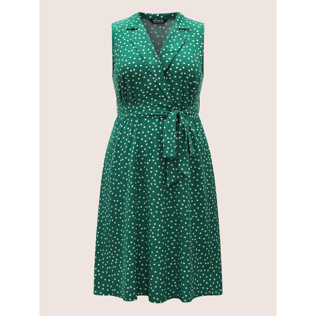 Plus Size Collared Polka Dot Dress Teal Women Elegant Belted Suit Collar Sleeveless Curvy BloomChic 26/4X Product Image