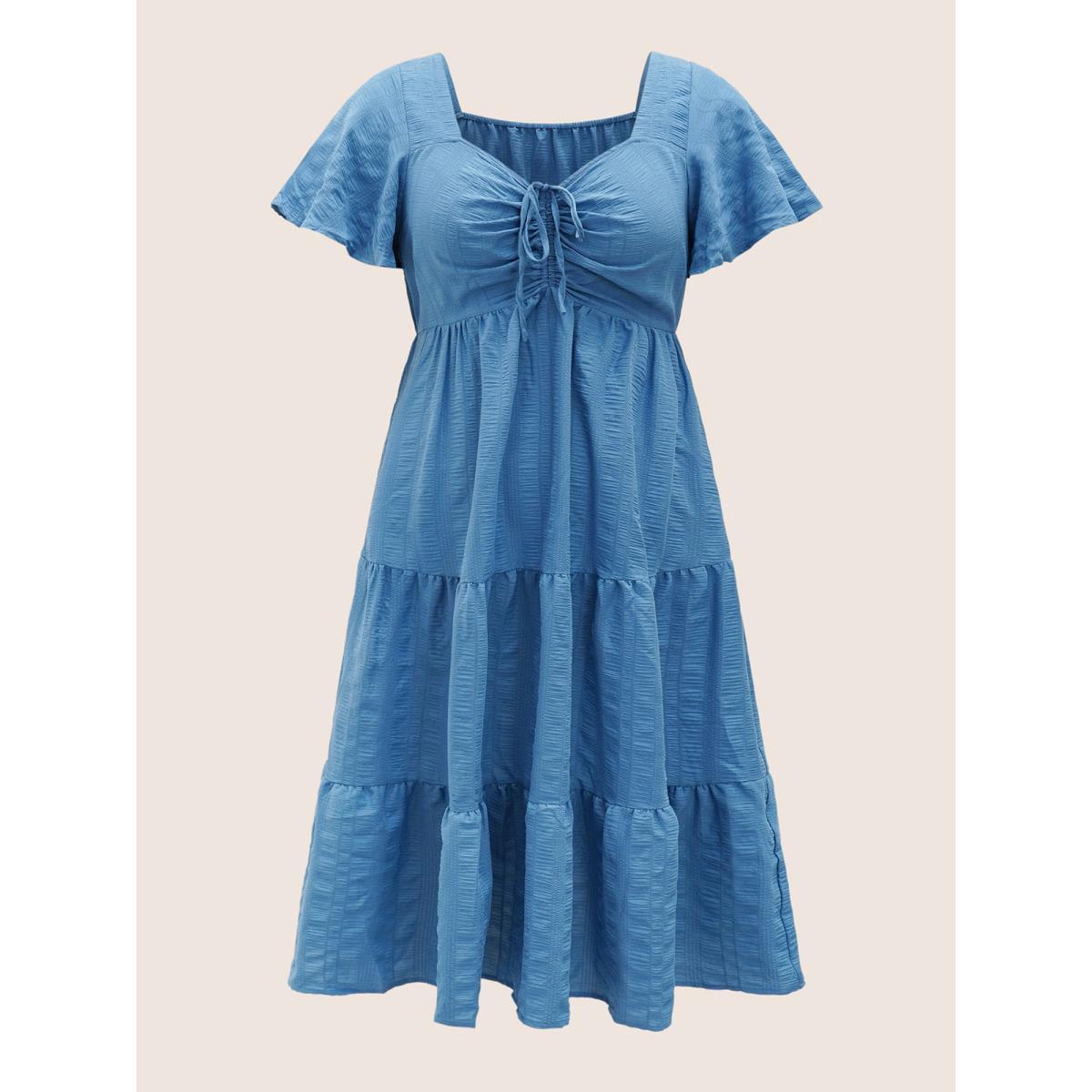 Plus Size Plain Ruched Drawstring Pocket Ruffle Tiered Dress Cerulean Women Elegant Non V-neck Short sleeve Curvy Midi Dress BloomChic 14-16/1X Product Image