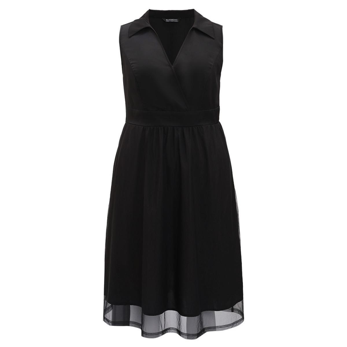 Plus Size Shirt Collar Pocket Mesh Elastic Waist Sleeveless Dress Black Women Elegant Lined Shirt collar Sleeveless Curvy Midi Dress BloomChic 22-24/3X Product Image