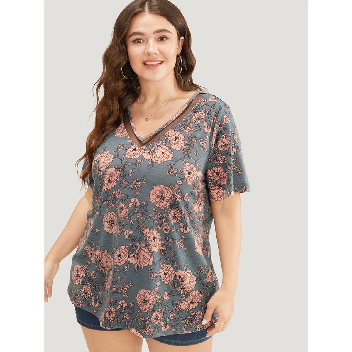 Plus Size Floral Print Mesh Insert Flutter Sleeve T-shirt Gray Women Elegant See through Floral V-neck Dailywear T-shirts BloomChic 12/L Product Image