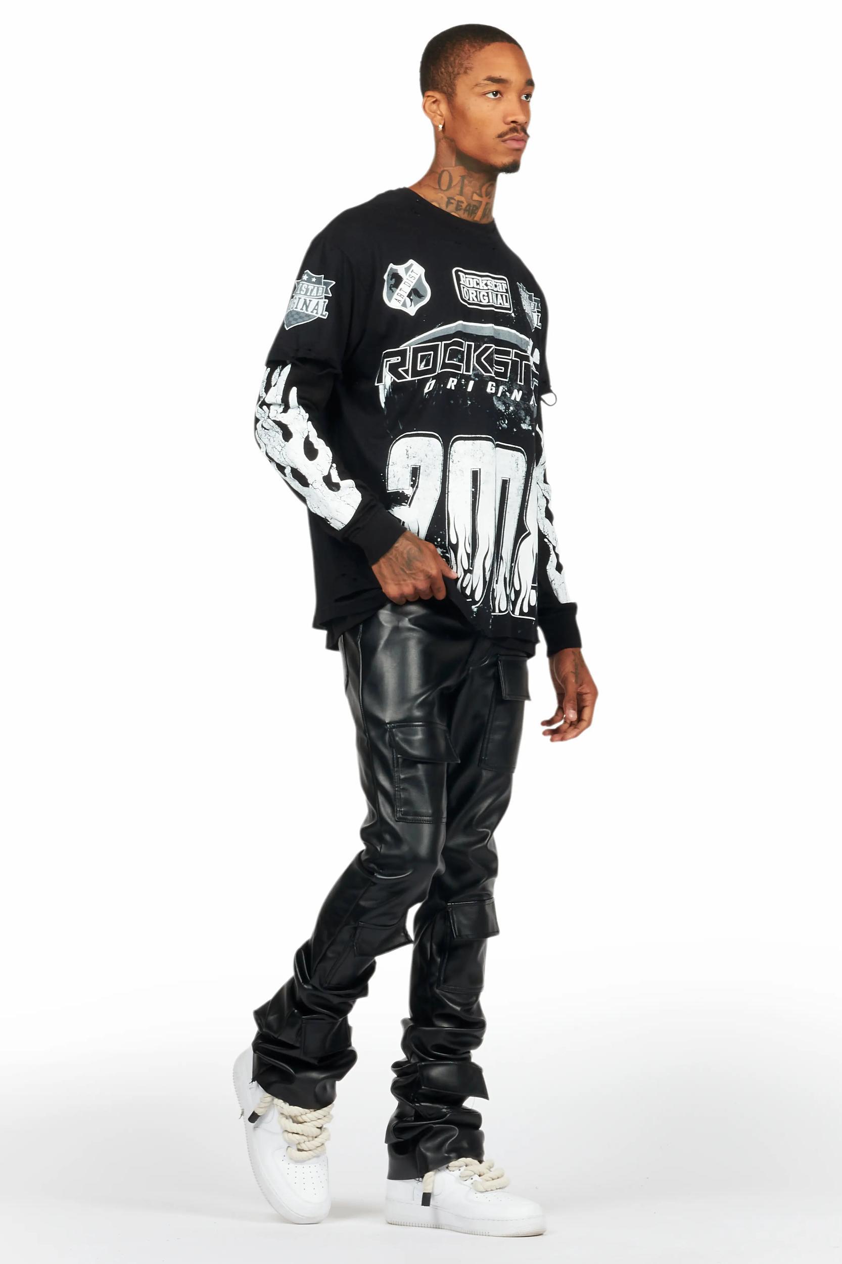 Petrus Jet Black PU Stacked Flare Leather Jean Male Product Image