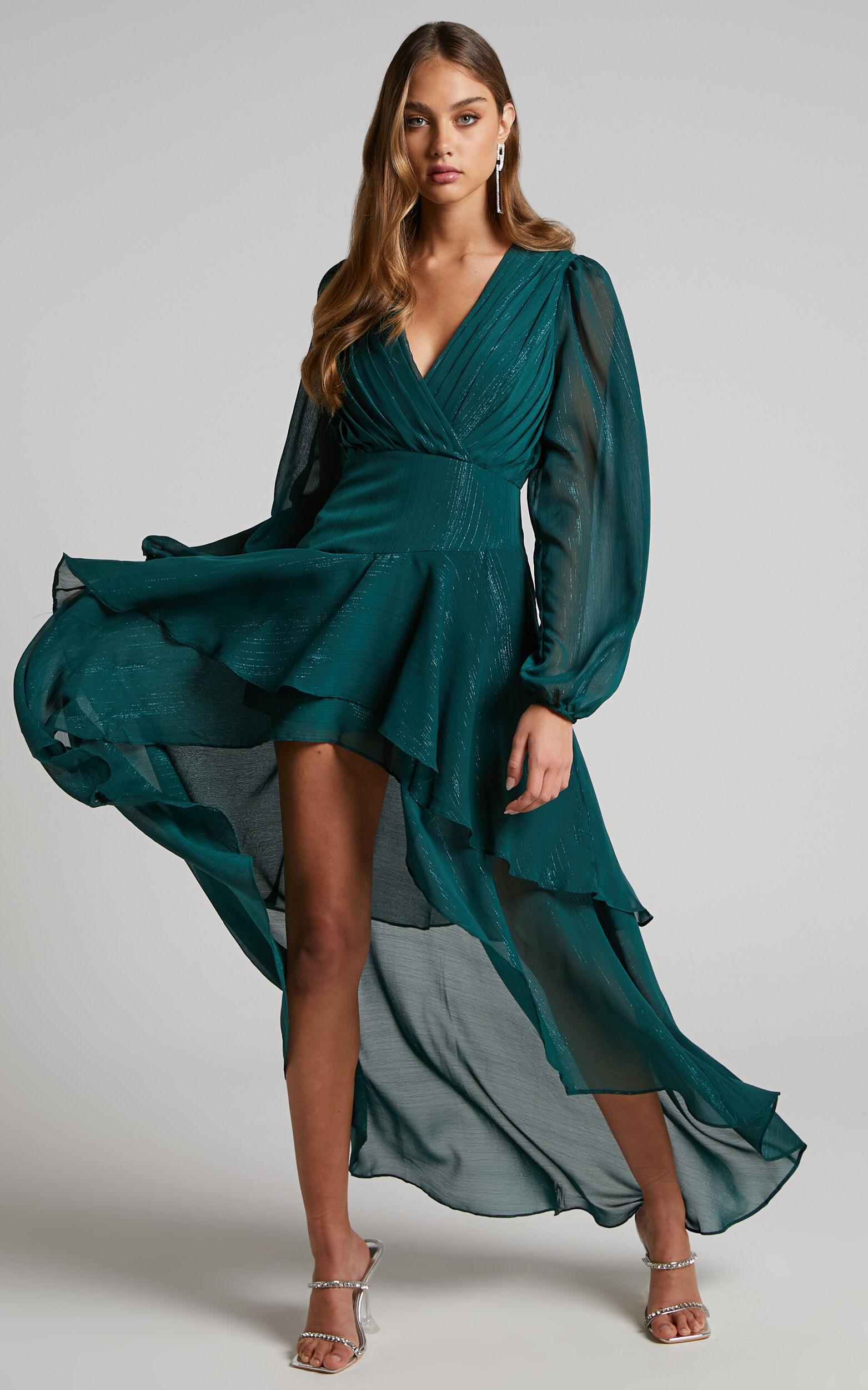 Claudita Midi Dress - Long Sleeve High Low Hem Dress in Emerald Product Image