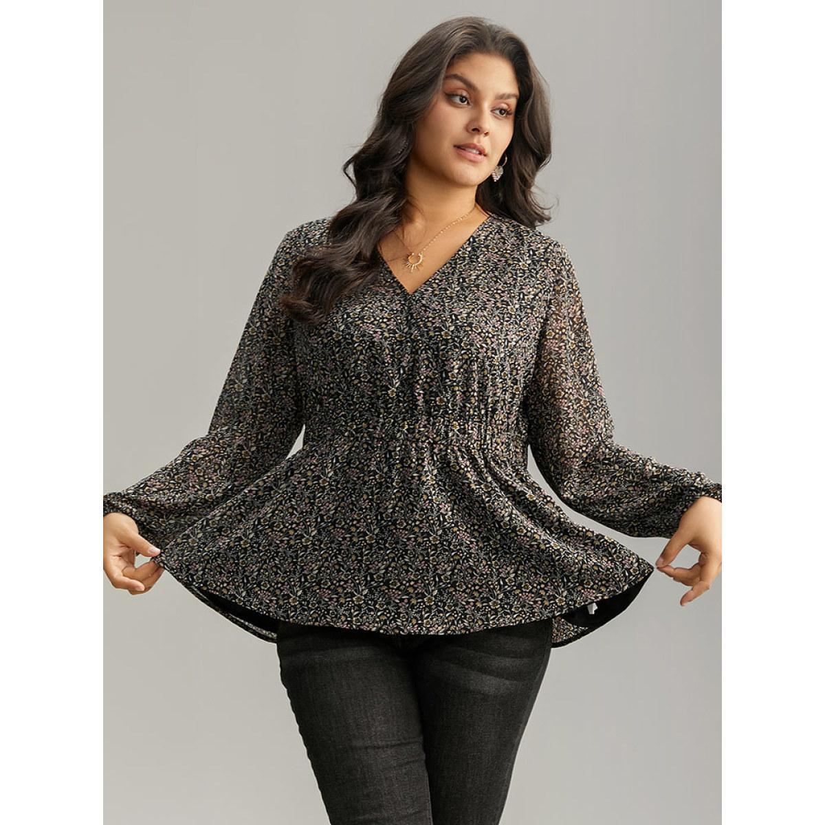 Plus Size Black Ditsy Floral Shirred Lantern Sleeve Blouse Women Elegant Long Sleeve V-neck Everyday Blouses BloomChic 10/M Product Image