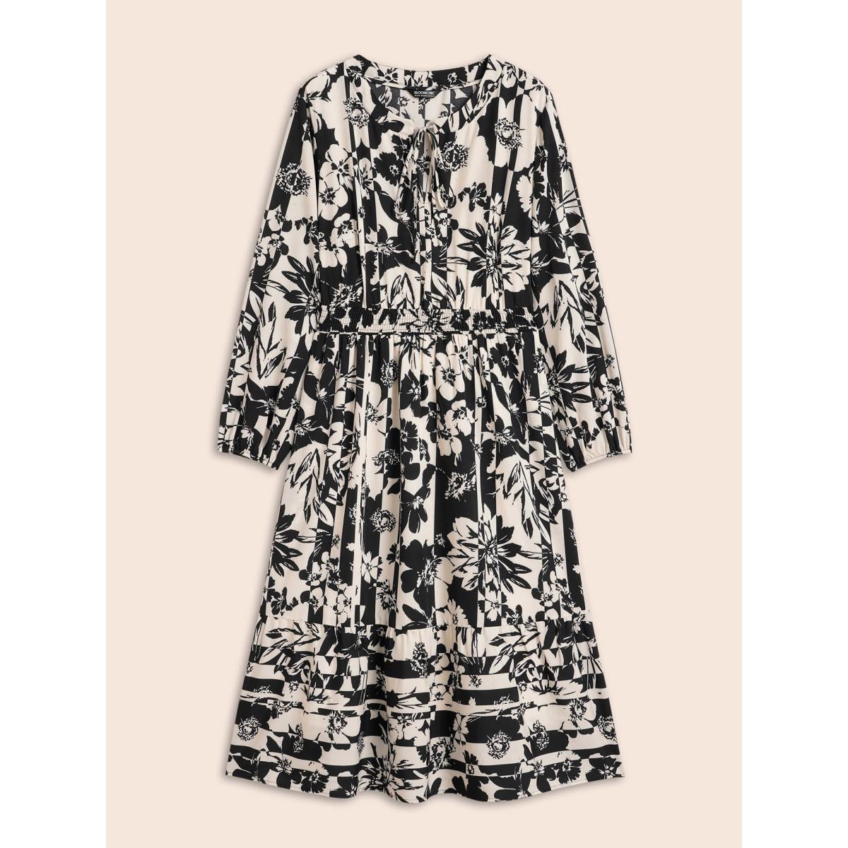 Plus Size Silhouette Floral Print Tie Knot Gathered Dress WhiteSmoke Women Elegant Tie knot V-neck Long Sleeve Curvy BloomChic 14-16/1X Product Image