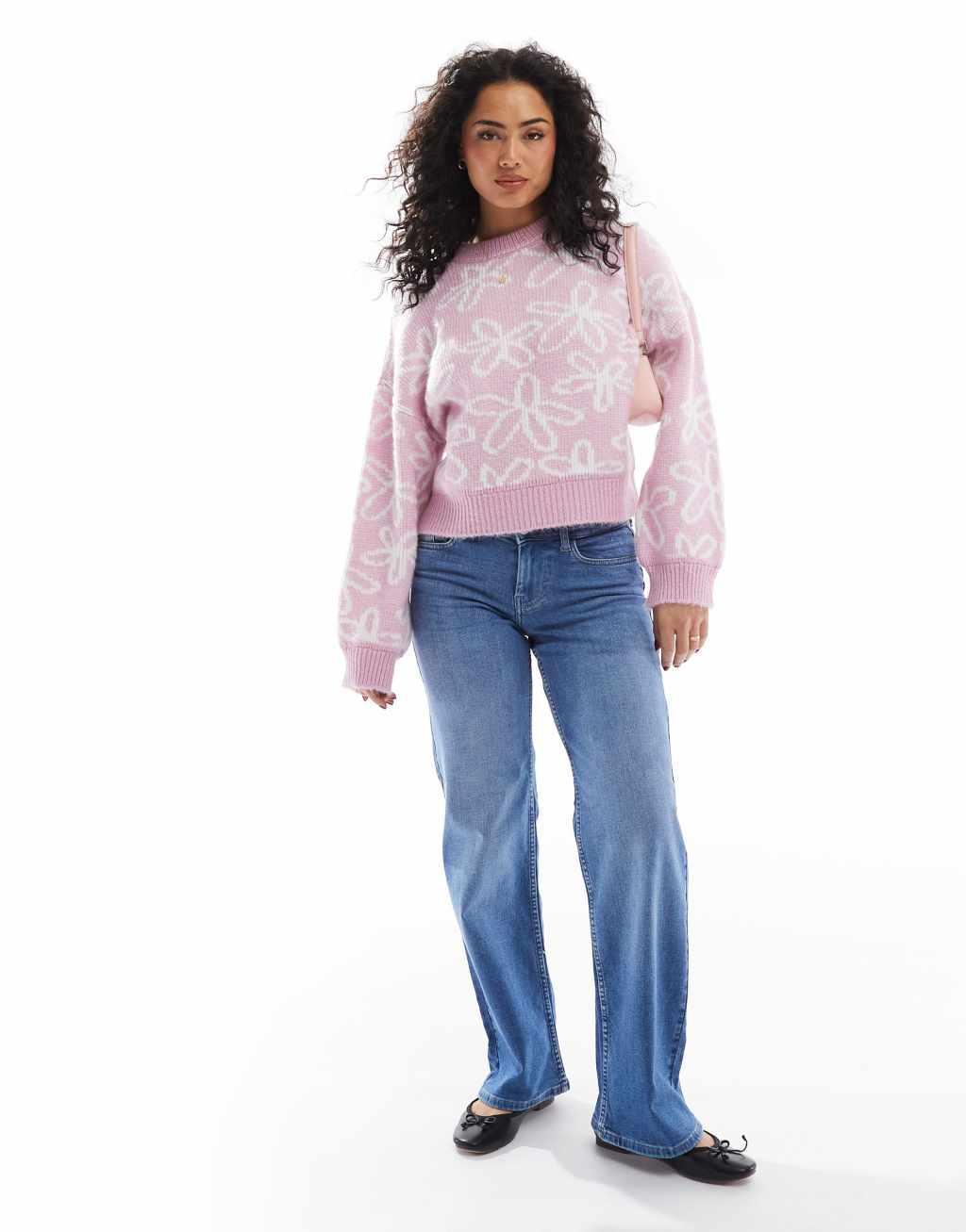 ASOS DESIGN knitted sweater with flower heart pattern in pink Product Image