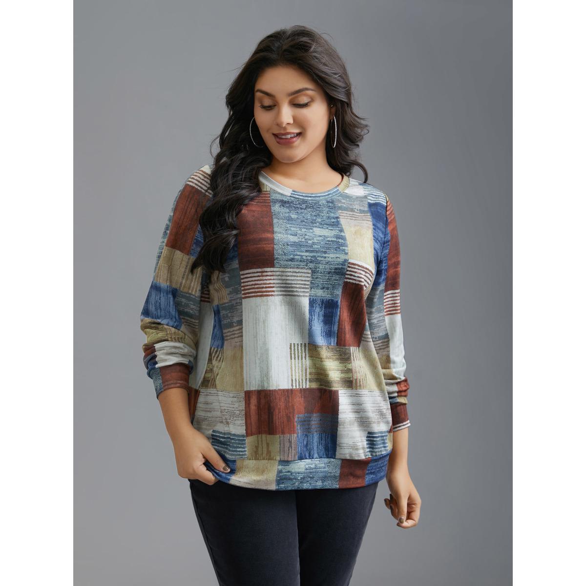 Plus Size Geometric Print Round Neck Sweatshirt Women Multicolor Casual Non Round Neck Everyday Sweatshirts BloomChic 10/M Product Image