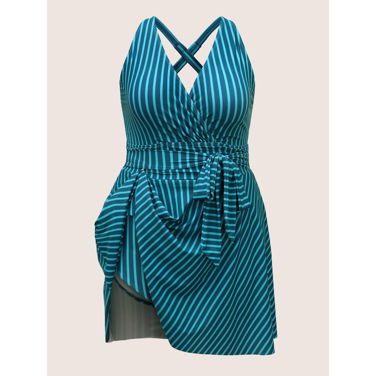 Plus Size Overlap Collar Striped Tie Knot Swim Dress Women's Swimwear Cyan Beach Bodycon Overlap Collar High stretch Curve Swim Dresses BloomChic 14-16/1X Product Image
