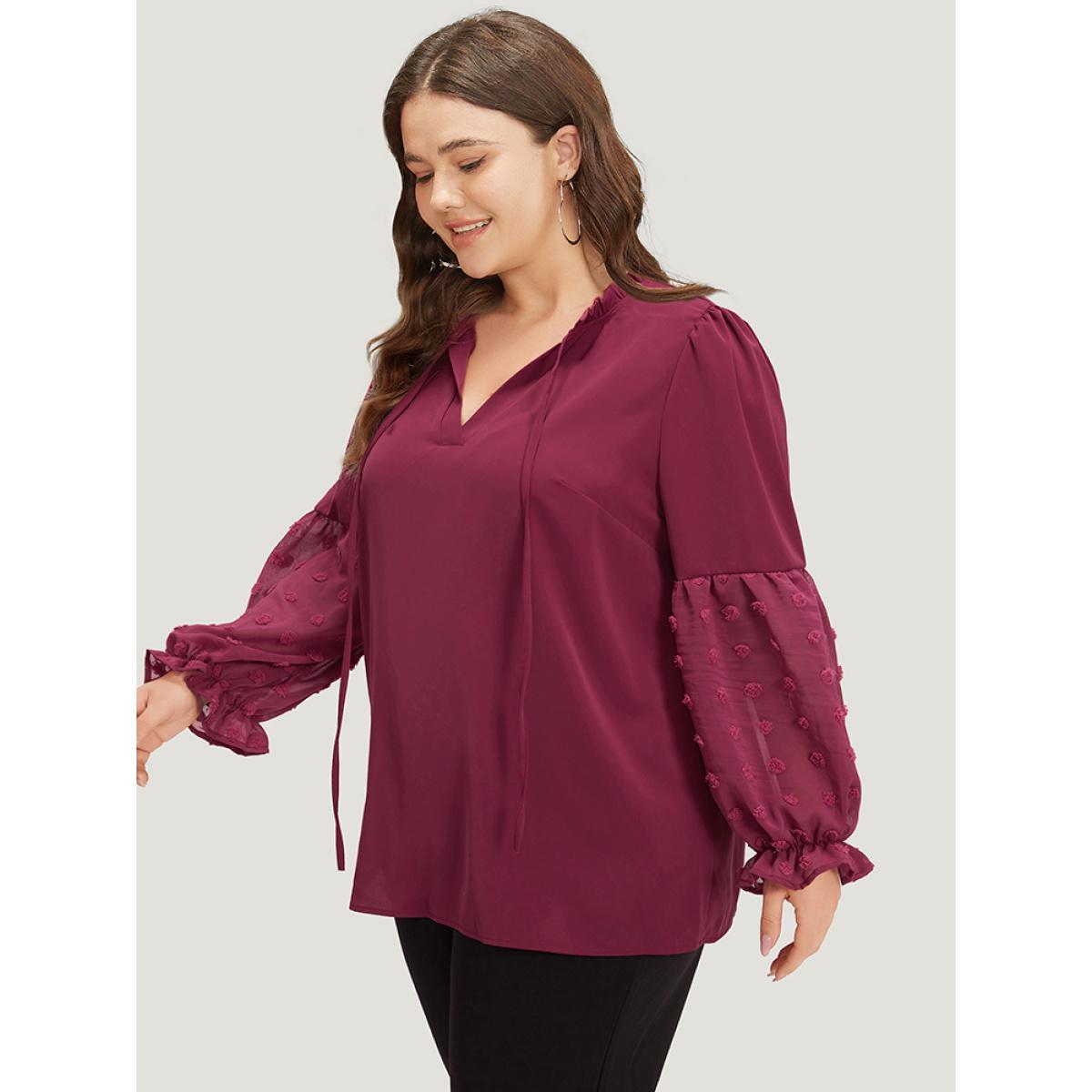 Plus Size Purple Anti-Wrinkle Plain Knot Neck Frill Trim Lantern Sleeve Blouse Women Casual Long Sleeve Tie Neck Everyday Blouses BloomChic 30/6X Product Image