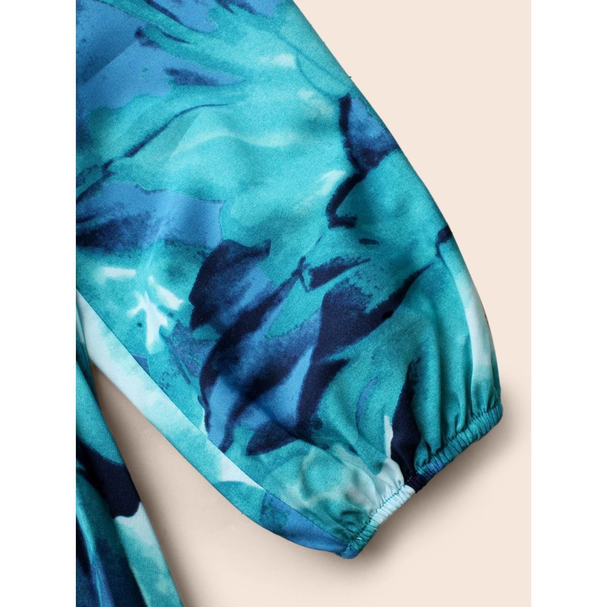 Plus Size Watercolor Floral Pleated Belted Dress DarkBlue Women Elegant Belted V-neck Long Sleeve Curvy BloomChic 18-20/2X Product Image